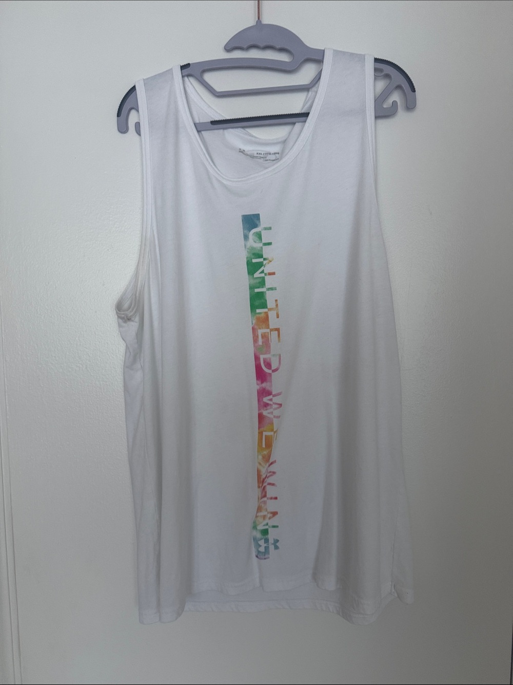 United By Blue White Tank with Vertical Multicolor Logo